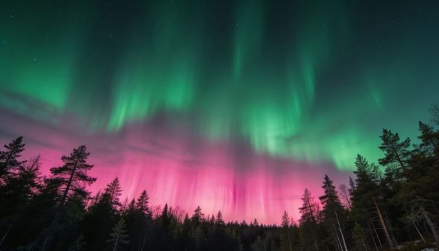 Dancing aurora borealis painting vivid green and magenta curtains above dark pine forest