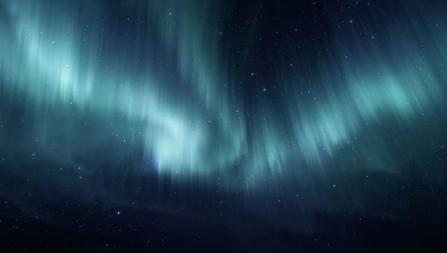 Aurora Borealis Curtains Dancing Above Polar Night Sky with Starfield and Faint Horizon
