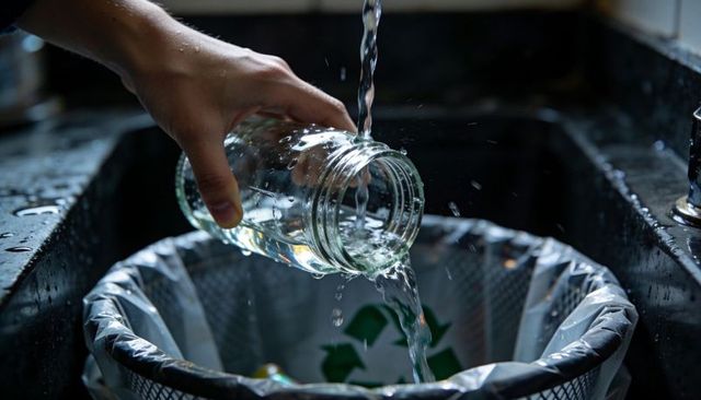 Pouring water from mason jar into recycling bin in sink promoting rinse and reuse habit