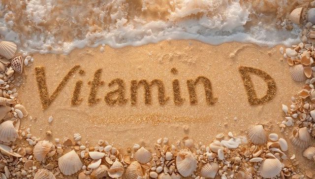 Vitamin D carving on sunlit sandy shoreline with seashell border and foamy surf