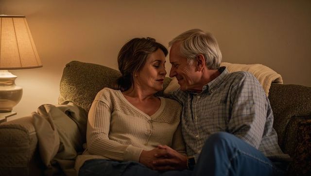Senior couple sharing intimate moment on couch under warm lamp light