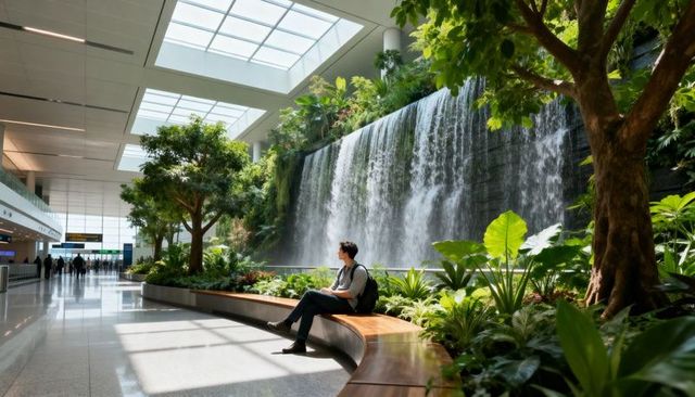 Traveler relaxing by indoor waterfall in tropical airport atrium