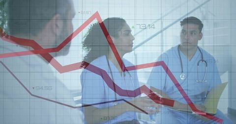 Healthcare Team Analyzing Clinical Data with Declining Analytics Graph Overlay