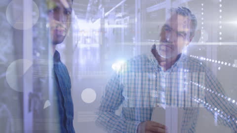 Businessmen Interacting with Futuristic Data Interface in Digital Environment