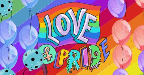 Vibrant Pride Celebration with Rainbow Balloons and Bold Typography