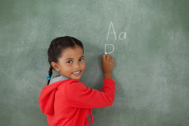 Young girl with braids and red hoodie writing letters on chalkboard in classroom. Ideal for educational content, school promotions, learning materials, and children's educational programs.