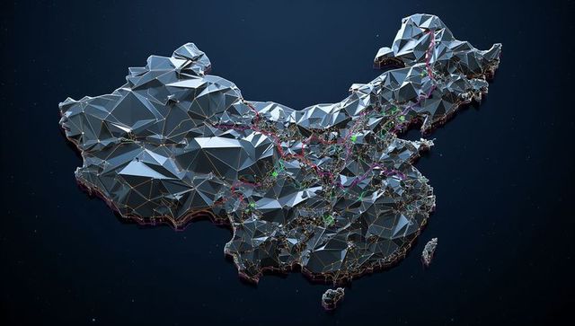 Futuristic Low-Poly Metallic Map of China with Digital Connectivity