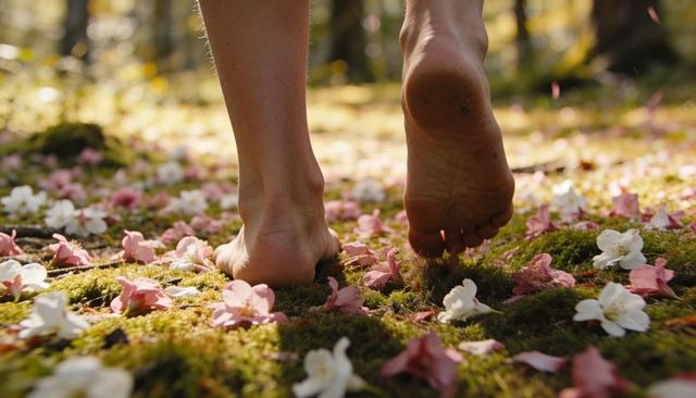 Barefoot walking on mossy forest floor scattering pink and white blossom petals
