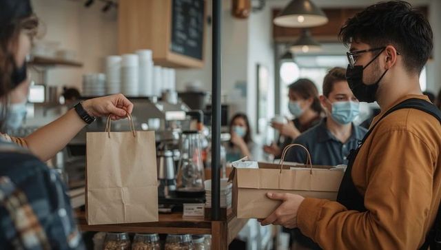 Barista passing takeaway bags to masked customer at rustic coffee counter with queue