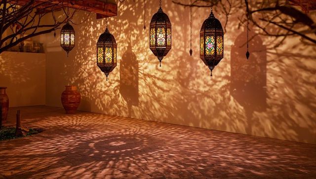Moroccan Stained-Glass Lanterns Casting Intricate Amber Shadows on Courtyard Evening Glow