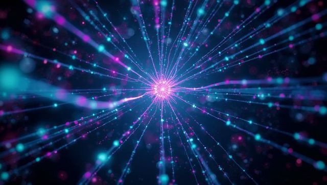Neon energy core radiating digital filaments with glowing particles and bokeh lights