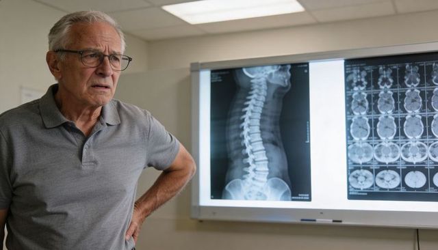 Senior man holding lower back in radiology clinic with spine and brain scans on lightbox