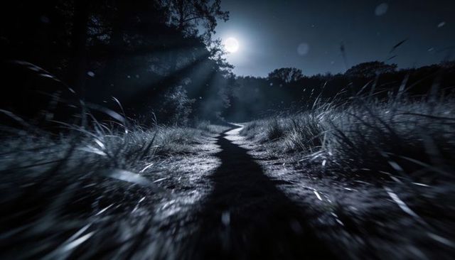 Moonlight casting on winding frosted trail through misty meadow and dark forest