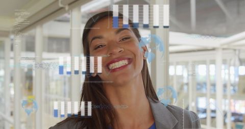 Confident Businesswoman with Global Financial Data Graphics