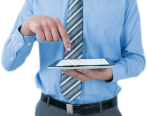 Businessman pointing at tablet with transparent background