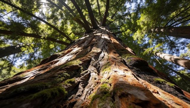 Looking up at giant redwood trunk with mossy textured bark and sunlit leafy canopy