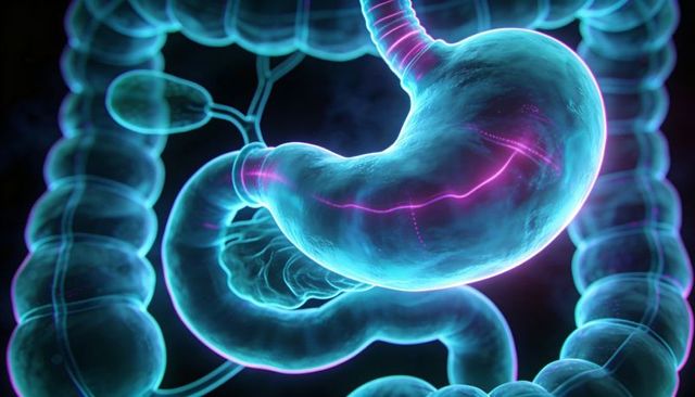 Glowing translucent stomach with magenta neural overlay and surrounding intestines anatomy