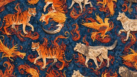 Dynamic wild animals and elements illustrative textile pattern