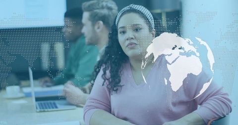 Woman Leading Meeting with Digital Global Overlay in Office