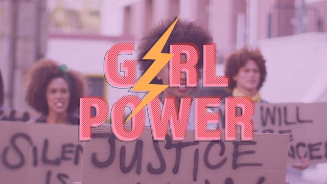 An empowering scene featuring a diverse group of women holding protest signs, overlaid with bold 'Girl Power' text in a stylized graphic. This vibrant composition captures the spirit of women's rights activism and can be used for promoting social justice events, gender equality campaigns, or inclusivity initiatives. Perfect for websites, newsletters, and social media posts focused on advocating for change and unity.