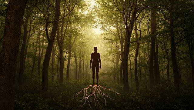 Standing Human Silhouette Sprouting Luminous Roots Through Forest Floor in Misty Woodland