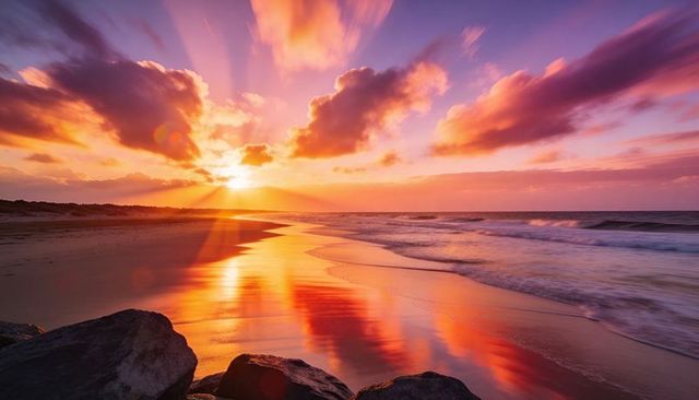 Sunset Surf and Golden Reflections on Wet Sand with Dramatic Cloud Rays and Rocks