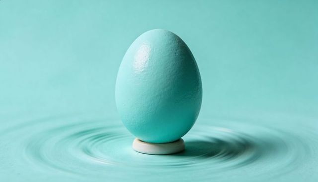 Turquoise egg standing on white disc with concentric ripples minimalist aqua still life
