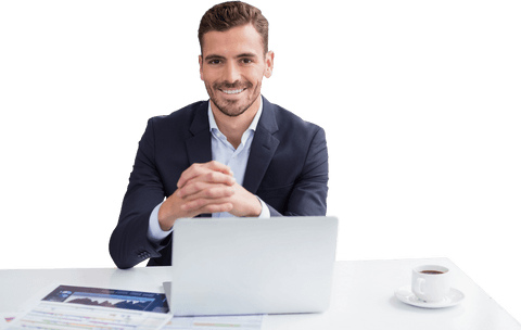 Transparent Businessman Smiling While Seated at Laptop - Download Free Stock Videos Pikwizard.com