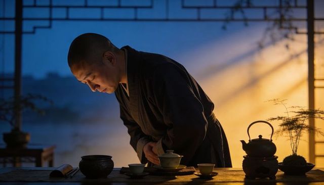 Zen monk preparing ceremonial tea at shoji window during traditional gongfu tea ritual