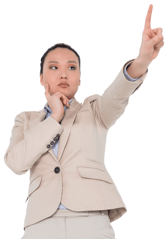 Focused Asian Businesswoman Pointing Confidently on Transparent Background