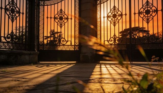 Ornate wrought iron gate casting geometric shadows across stone paving at golden sunset