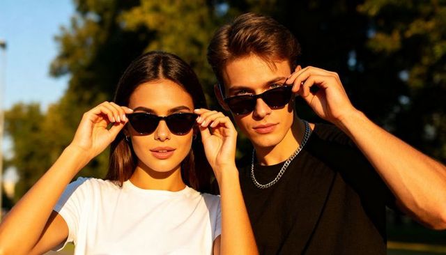 Trendy young couple adjusting sunglasses in golden hour portrait, urban summer lifestyle