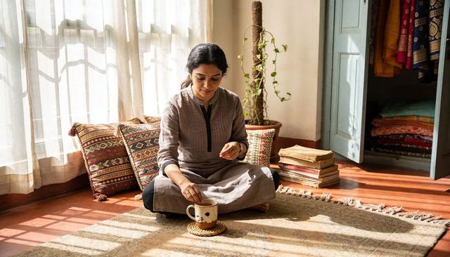 Sunlit morning ritual: indian woman stirring tea in grey kurta on cozy rug and ceramic mug