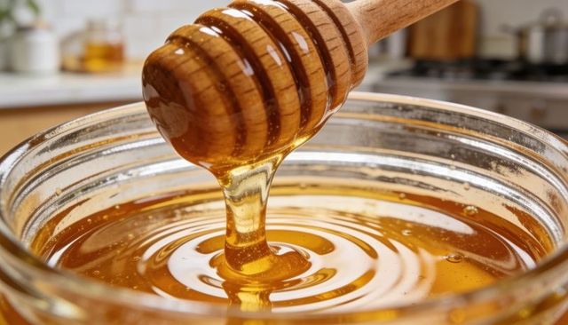 Golden honey pouring from wooden dipper into glass bowl closeup with glossy ripples