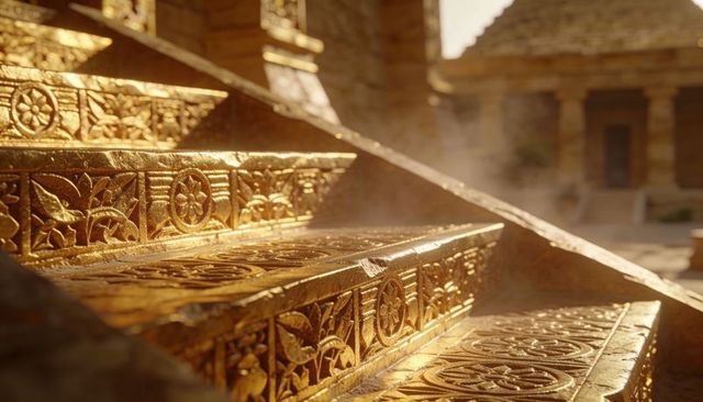 Gilded ornate temple stairs catching golden sunlight and dust rays, carved medallions