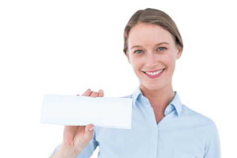 Happy Businesswoman Displaying Blank Transparent Card
