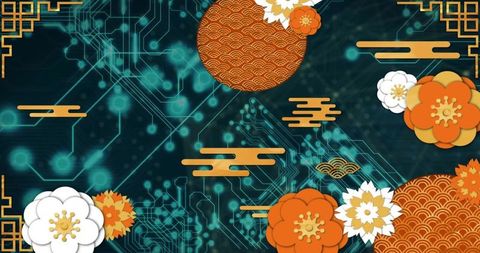 Futuristic circuitry with asian-inspired floral ornamentation