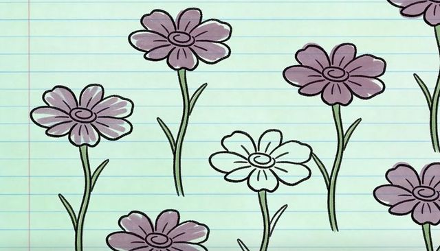 Ink-sketched purple daisy pattern on pale teal ruled notebook paper for stationery
