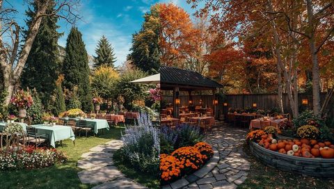 Rustic Autumn Garden Cafe with Wooden Seating and Vibrant Foliage