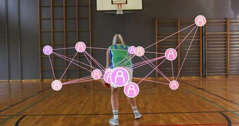 Female basketball player holding ball on indoor court with digital social network overlay