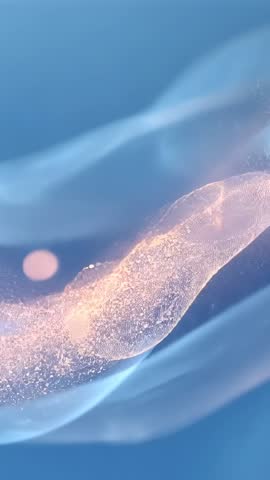 Vertical abstract ribbon undulating in blue gradient glowing with light and floating orbs