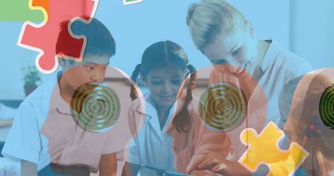 Diverse schoolchildren and teacher celebrating autism awareness