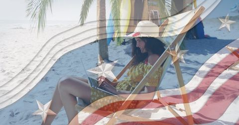 Woman Relaxing on Tropical Beach with USA Flag Overlay