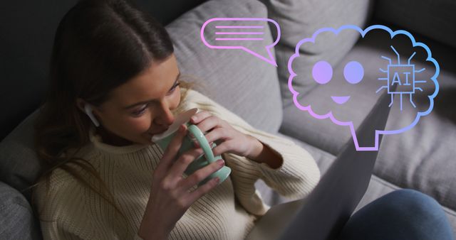 Young Woman Relaxing with Coffee and Engaging with AI Technology - Download Free Stock Images Pikwizard.com