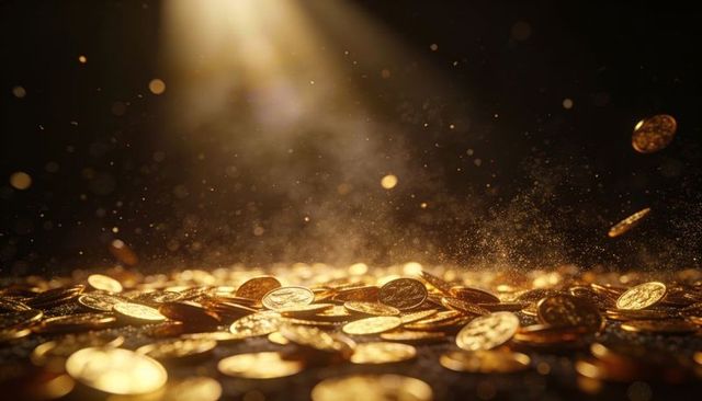 Tumbling gold coins glinting under spotlight with dust motes and warm reflections