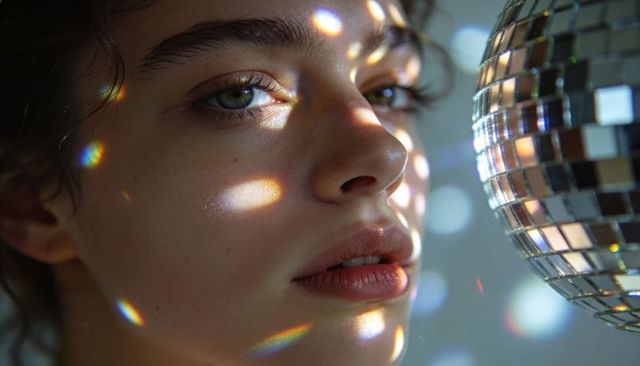 Closeup portrait of woman gazing into disco ball reflecting rainbow light across face