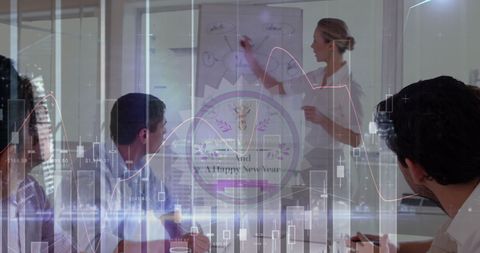 Business team analyzing data with graphical overlays