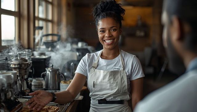 Friendly Barista Welcoming Customer at Artisan Cafe