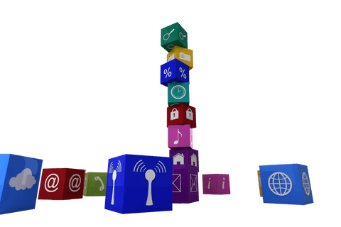 Digital stack of multimedia icons on transparent background