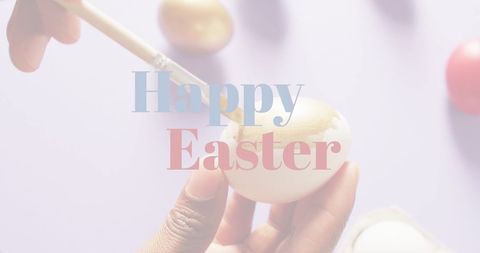 Easter egg painting with festive greeting text overlay